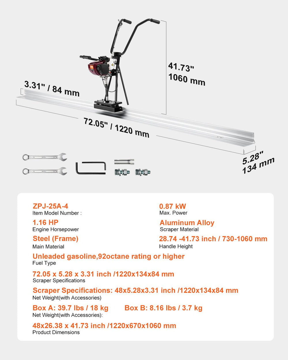 VEVOR Concrete Power Screed, 4 ft Aluminum Board Straight Edge Bar Set, 4 Stroke Cement Finishing Vibrating Motor with Height Adjustable Handles, High Efficient Concrete Tool 6500RPM