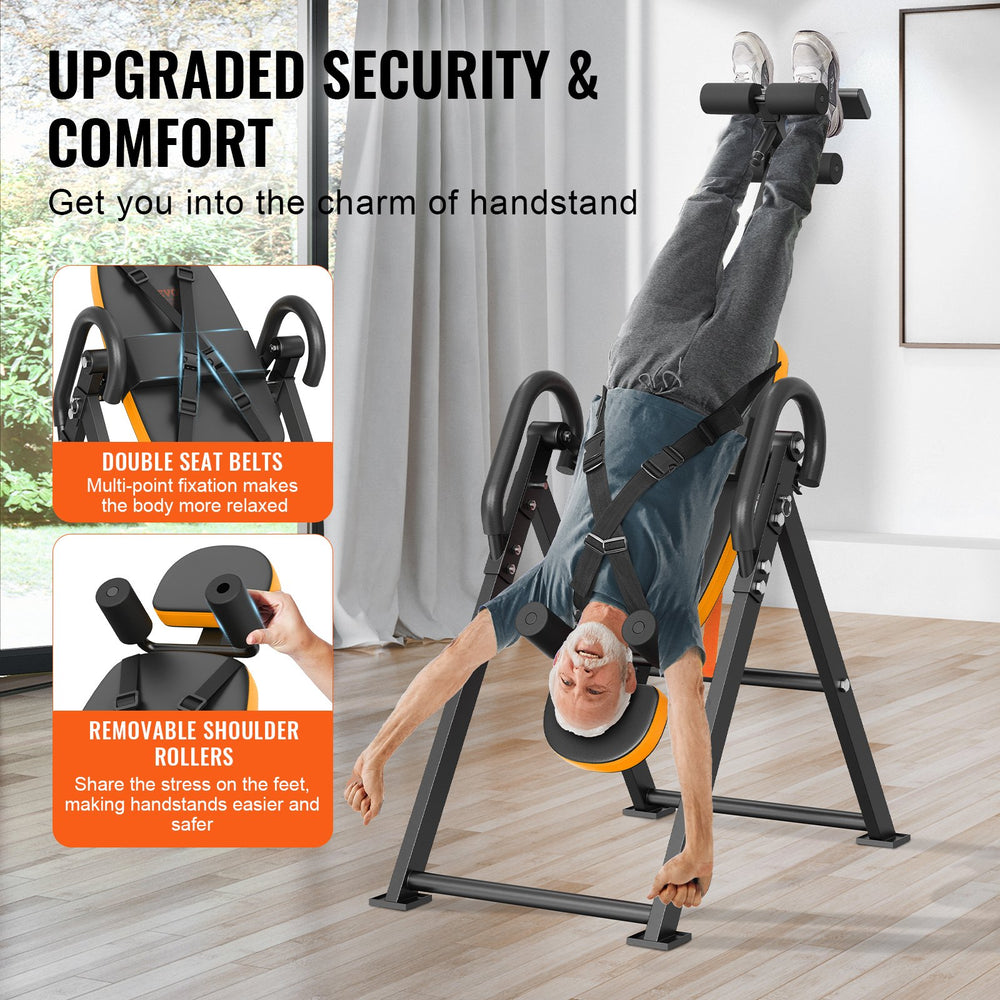 VEVOR Inversion Table, 300lbs Capacity Heavy Duty Inversion Table, Decompression Back Stretcher Machine, Strength Training Equipment with Headrest, Ankle Lock, Adjustable Protective Belt, Orange/Black