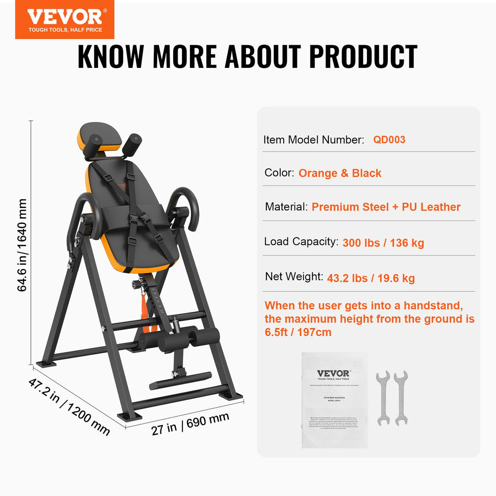 VEVOR Inversion Table, 300lbs Capacity Heavy Duty Inversion Table, Decompression Back Stretcher Machine, Strength Training Equipment with Headrest, Ankle Lock, Adjustable Protective Belt, Orange/Black
