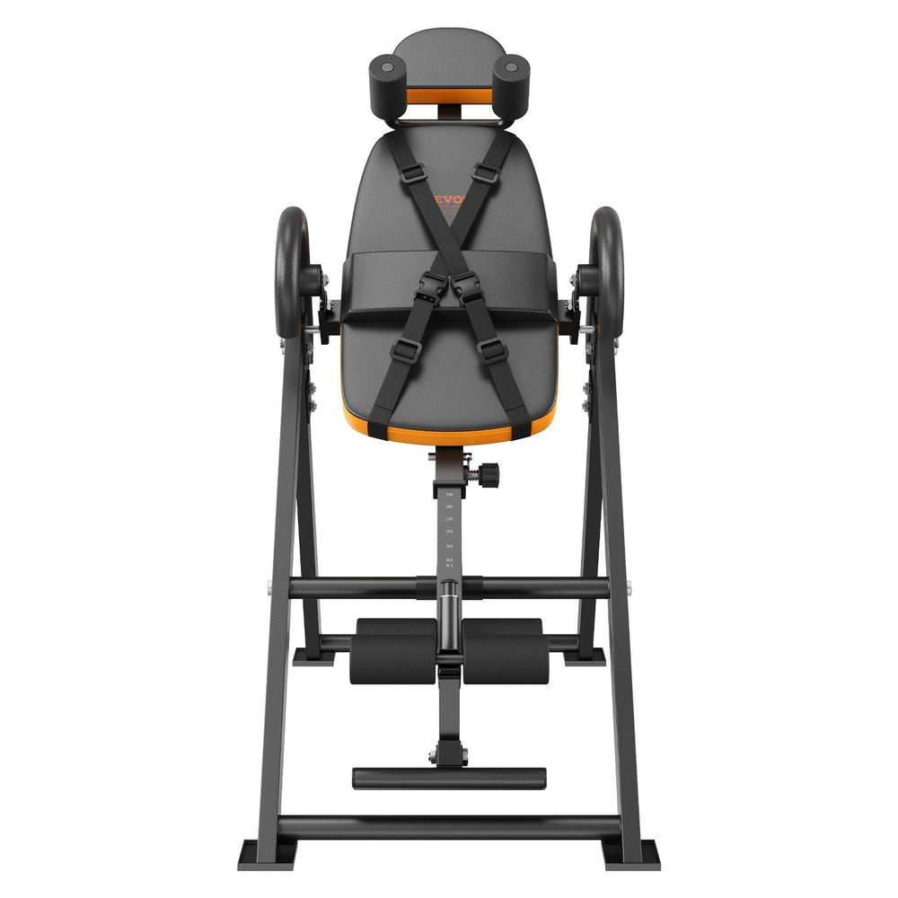 VEVOR Inversion Table, 300lbs Capacity Heavy Duty Inversion Table, Decompression Back Stretcher Machine, Strength Training Equipment with Headrest, Ankle Lock, Adjustable Protective Belt, Orange/Black