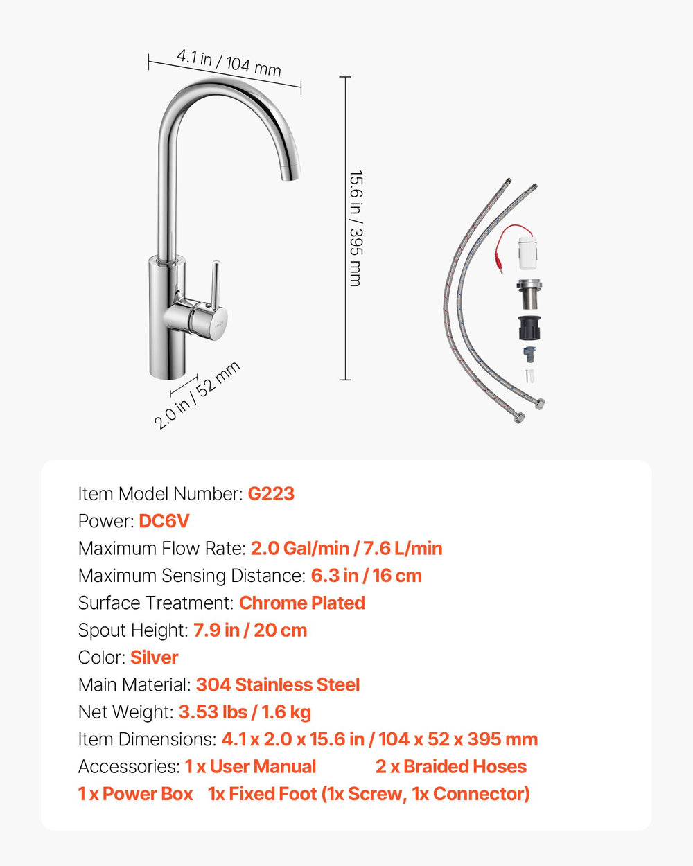VEVOR Touchless Kitchen Bar Sink Faucet, Single Handle Automatic Motion Sensor Bathroom Faucet, Hands-Free Adjustable Cold Hot Water Mixer Flexible Swivel for 9.5 mm Pipe,Chrome Plated Silver