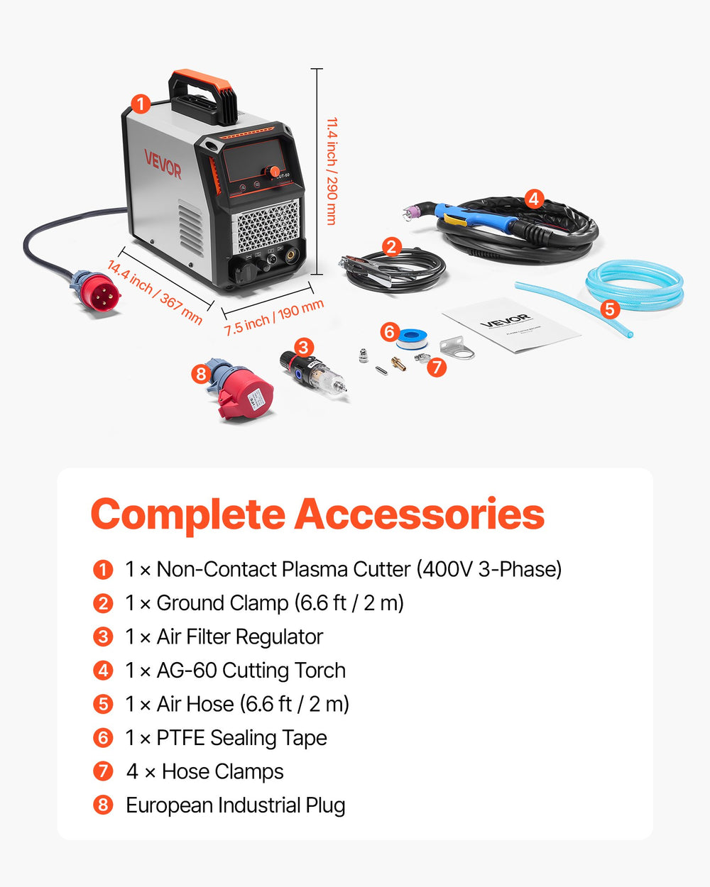 VEVOR Plasma Cutter, 60A Non-Touch Pilot Arc Plasma Cutting Machine, Digital Display IGBT Inverter - with 2T/4T Function & Adjustable PA/PT Time for Industrial Use (400V 3-Phase Power Supply)