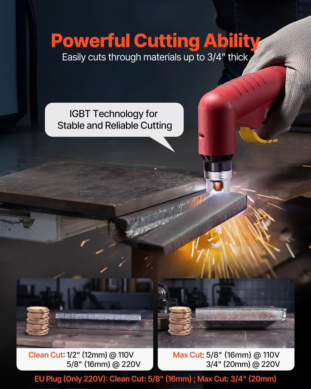 VEVOR Plasma Cutter, 65A Non-Touch Pilot Arc Plasma Cutting Machine Non-High Frequency - with 2T/4T Function & Adjustable PT Time, Digital Display IGBT Inverter for Home Repairs, Workshops