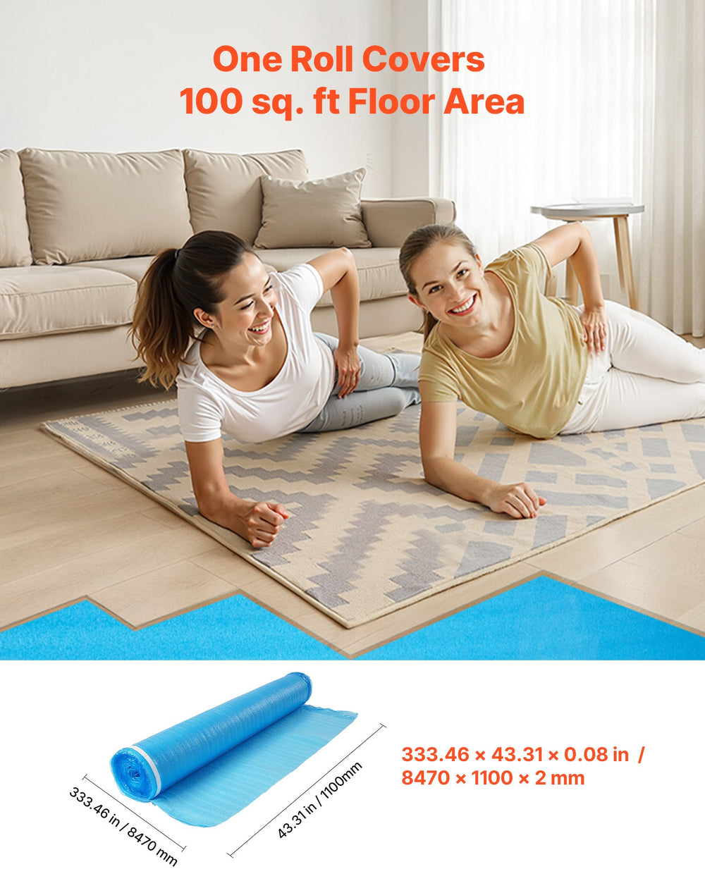 VEVOR Floor Underlayment 27.9 m², 3-in-1 2 mm Thick Flooring Padding with Tape & Vapor Barrier, Heavy Duty EPE Foam with Blue PE, Soundproofing & Noise Reduction, for Laminate Wood (3 Rolls x 9.3 m²)