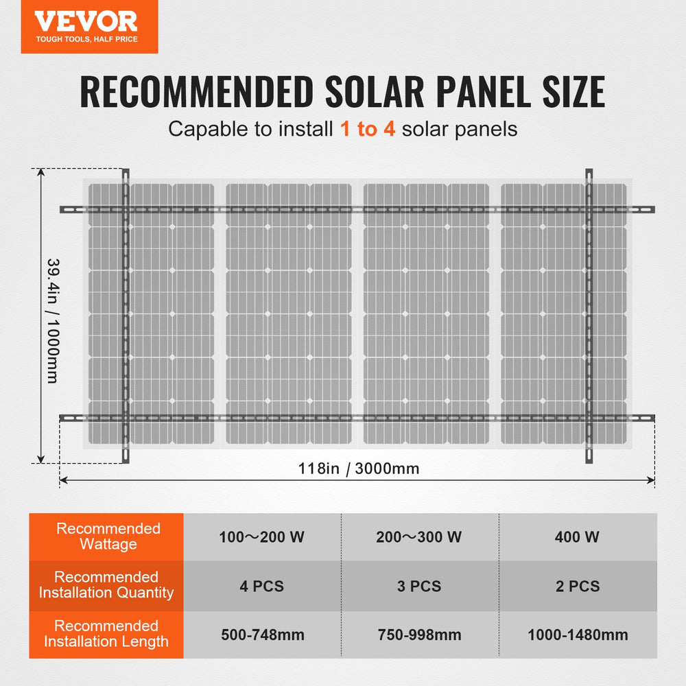 VEVOR Solar Panel Mounting Brackets, 30°-60° Adjustable Multi-Pieces Solar Panel Brackets for 1-4PCS Solar Panels, Carbon Steel Ground Mount Solar Panel Stand for Farms, RVs, Boats, Off-Grid System