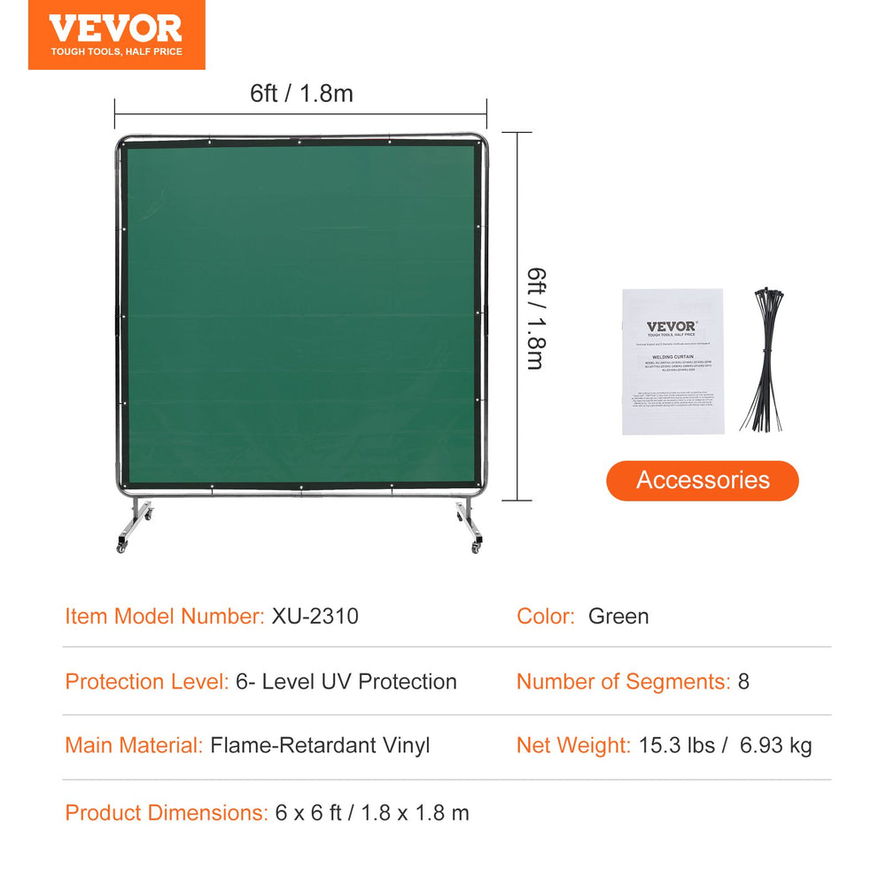 VEVOR Welding Screen with Frame, 1.8 x 1.8 m Welding Curtain Screen, Flame-Resistant Vinyl Welding Protection Screen on 4 Swivel Wheels (2 Lockable), Moveable & Professional for Workshop/Industrial, Green