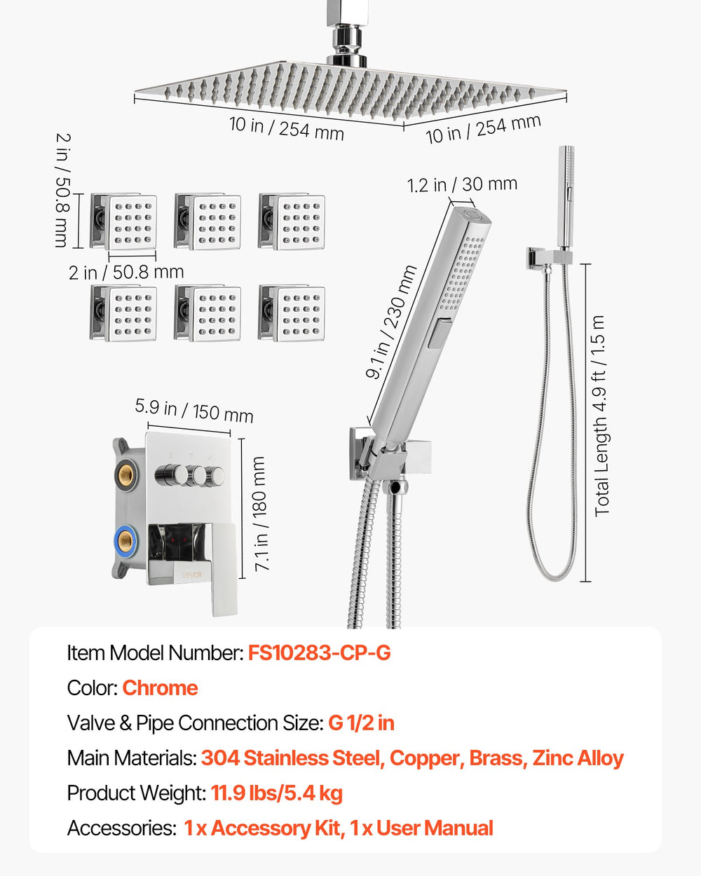VEVOR Shower Faucet Set, 254 mm Ceiling Mount Rainfall Shower System with 6 Body Jets and 2 in 1 Handheld Spray, Rotatable 3-Function Rain Head System Set, Complete Brass Valve and Trim Kit, Chrome