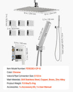 VEVOR Shower Faucet Set, 254 mm Ceiling Mount Rainfall Shower System with 6 Body Jets and 2 in 1 Handheld Spray, Rotatable 3-Function Rain Head System Set, Complete Brass Valve and Trim Kit, Chrome