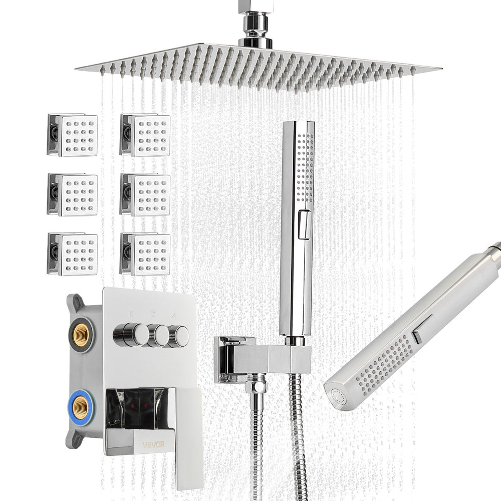 VEVOR Shower Faucet Set, 254 mm Ceiling Mount Rainfall Shower System with 6 Body Jets and 2 in 1 Handheld Spray, Rotatable 3-Function Rain Head System Set, Complete Brass Valve and Trim Kit, Chrome