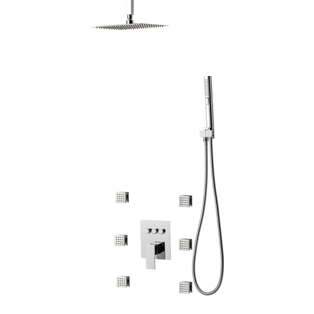 VEVOR Shower Faucet Set, 254 mm Ceiling Mount Rainfall Shower System with 6 Body Jets and 2 in 1 Handheld Spray, Rotatable 3-Function Rain Head System Set, Complete Brass Valve and Trim Kit, Chrome