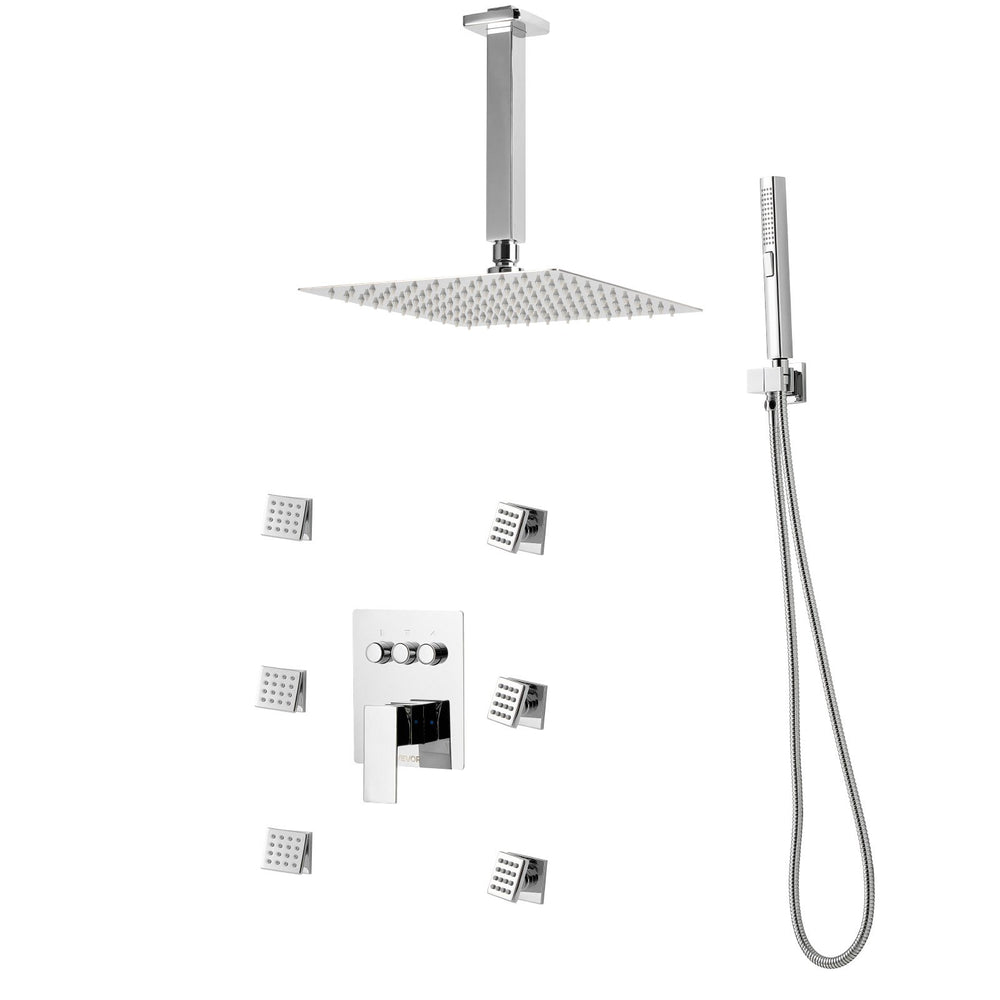 VEVOR Shower Faucet Set, 254 mm Ceiling Mount Rainfall Shower System with 6 Body Jets and 2 in 1 Handheld Spray, Rotatable 3-Function Rain Head System Set, Complete Brass Valve and Trim Kit, Chrome