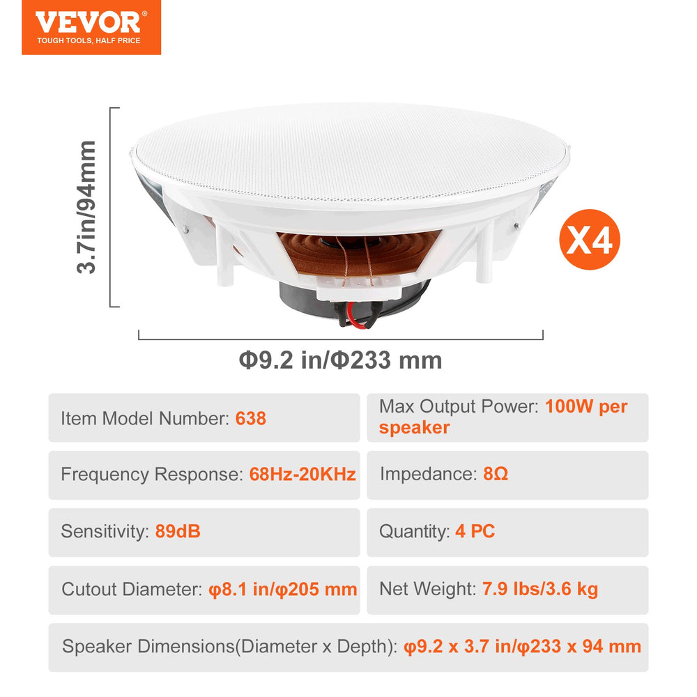 VEVOR 4PCs 8 in/20.3 cm Ceiling Speakers 100W Flush Mount Ceiling & in-Wall Speakers