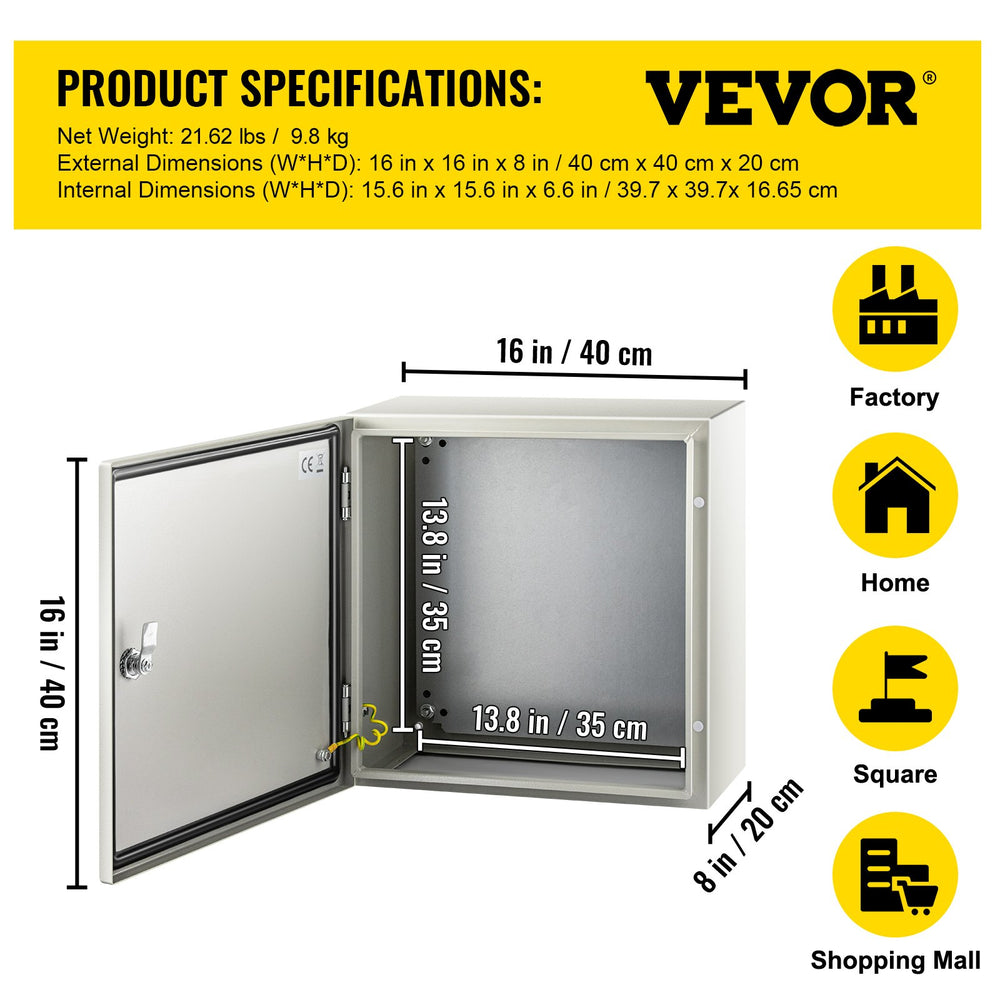 VEVOR NEMA Steel Enclosure, 40x40x20 cm NEMA 4X Steel Electrical Box, IP66 Waterproof & Dustproof, Outdoor/Indoor Electrical Junction Box, with Mounting Plate
