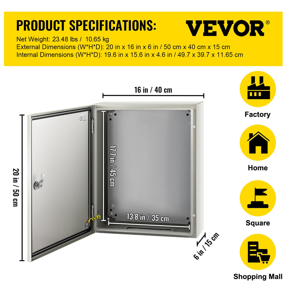 VEVOR NEMA Steel Enclosure, 50x40x15 cm NEMA 4X Steel Electrical Box, IP66 Waterproof & Dustproof, Outdoor/Indoor Electrical Junction Box, with Mounting Plate