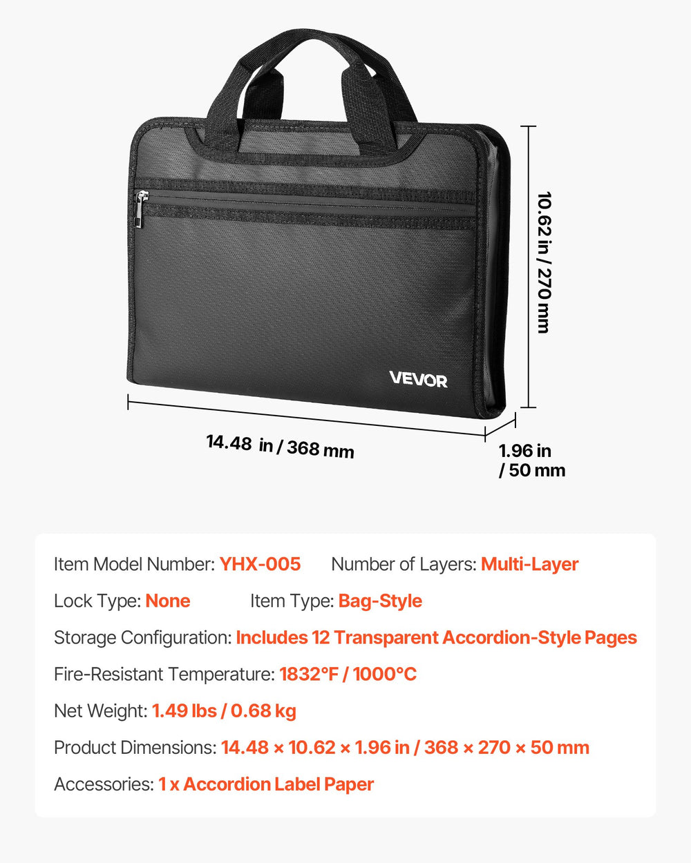 VEVOR Fireproof Document Bag, 1000 ℃ Heat Insulated Fireproof & Waterproof Bag, Portable Multi-Layer File Storage Security Organizer Home Office Travel Use, for Passports, Important Documents, Files