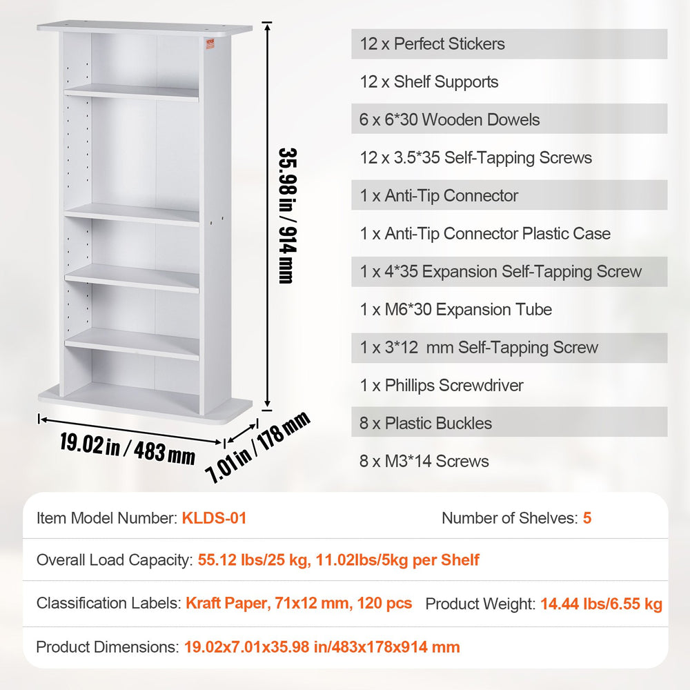 VEVOR Media Storage Cabinet, 5-layer DVD Shelf Holds up to 240 CDs, Adjustable CD Shelves, Protects & Organizes Music, Movie, Video Games or Memorabilia Collections, White