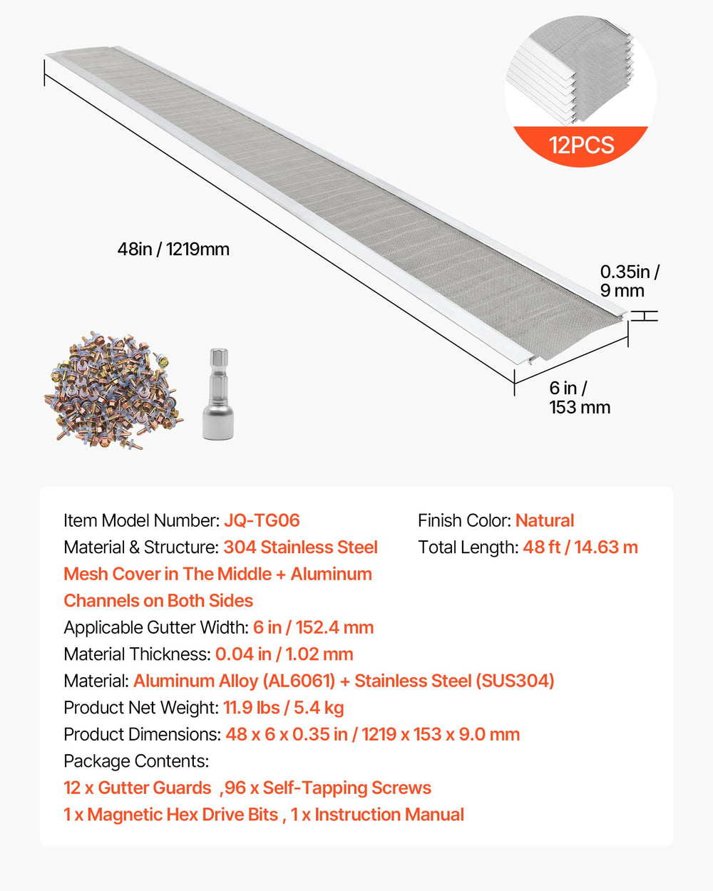 VEVOR Gutter Guard, 152.4 mm Aluminum Gutter Cover with Stainless Steel Micro Mesh, Heavy-Duty 14.63 m Length, 1.02 mm Thick, Leaf Guard for Debris and Pine Needles, Easy DIY, Screws Include, 12 PCS