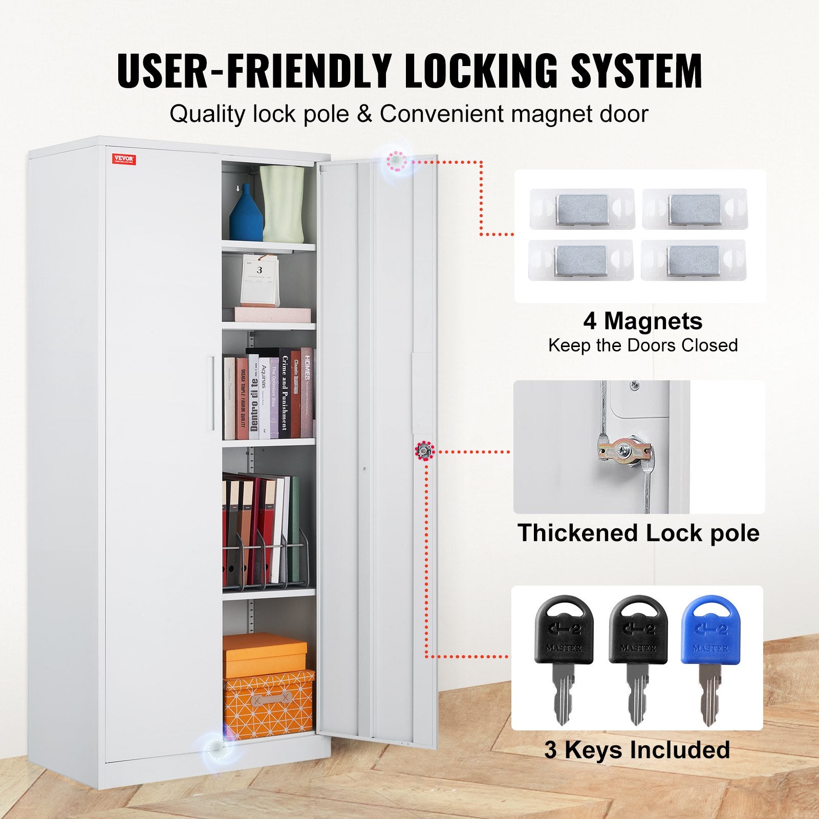 VEVOR Metal Storage Cabinet, Steel Locking Storage Cabinet with 2 Magnetic Doors and 4 Adjustable Shelves, 71'' Metal Cabinet 200 lbs Capacity per Shelf with 3 Keys, for Office, Home, Garage, White