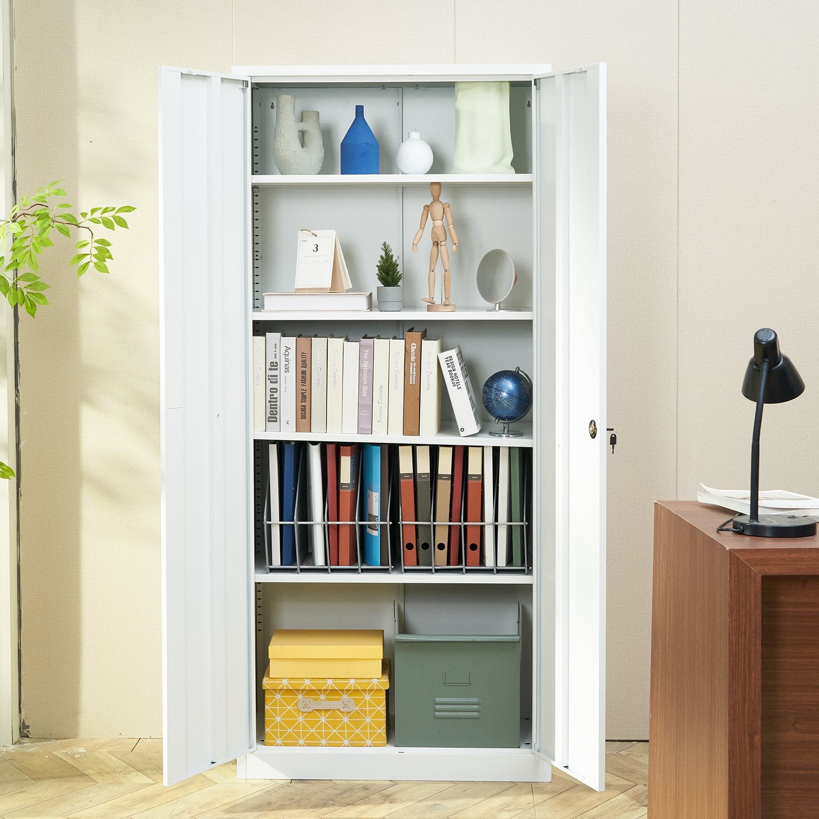 VEVOR Metal Storage Cabinet, Steel Locking Storage Cabinet with 2 Magnetic Doors and 4 Adjustable Shelves, 71'' Metal Cabinet 200 lbs Capacity per Shelf with 3 Keys, for Office, Home, Garage, White