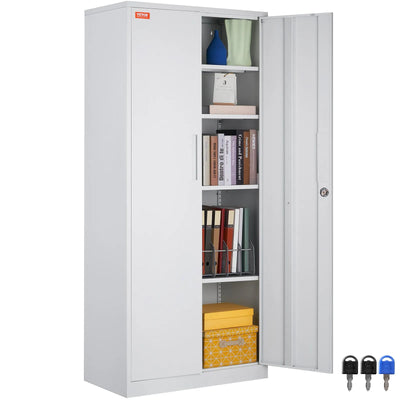 VEVOR Metal Storage Cabinet, Steel Locking Storage Cabinet with 2 Magnetic Doors and 4 Adjustable Shelves, 71'' Metal Cabinet 200 lbs Capacity per Shelf with 3 Keys, for Office, Home, Garage, White