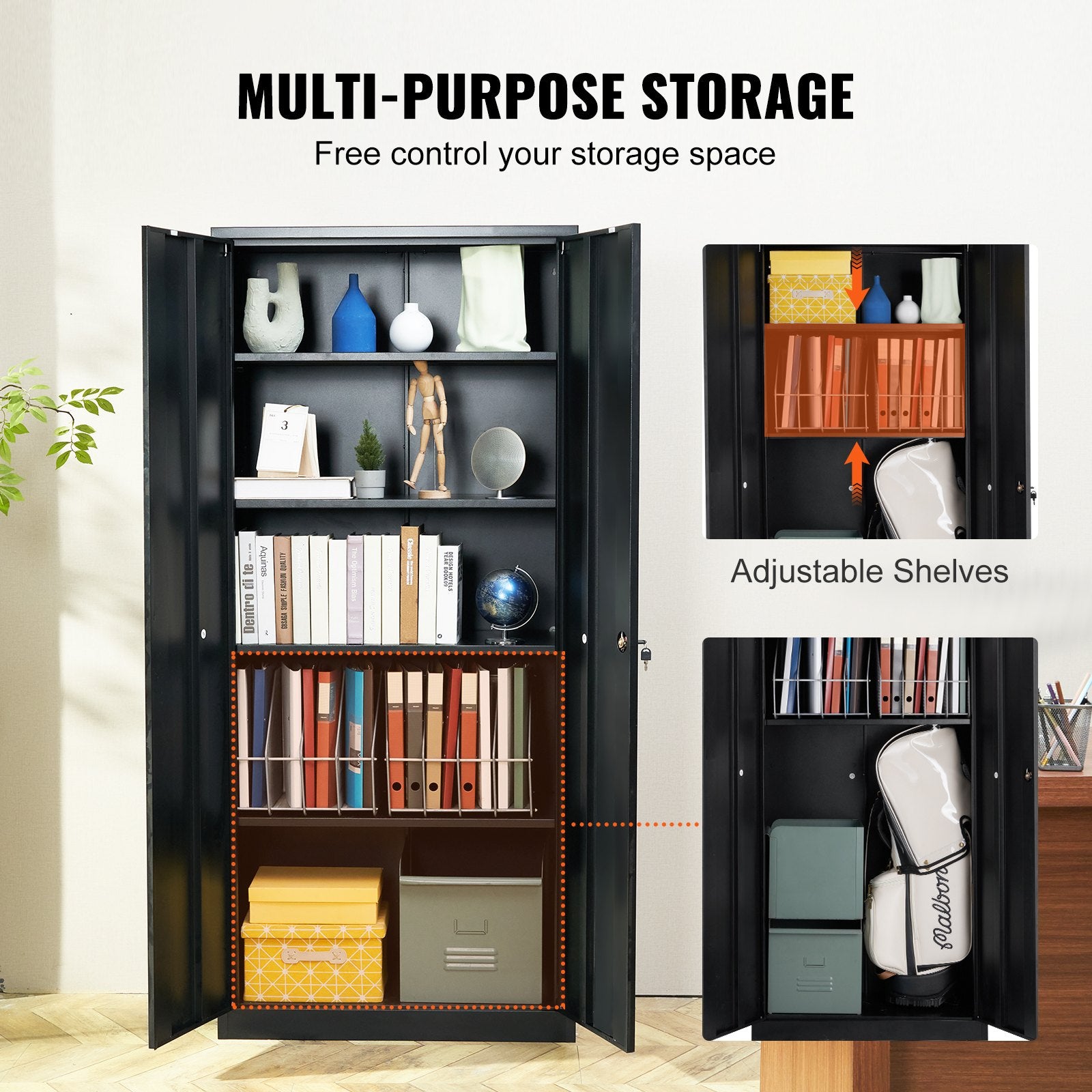 VEVOR Metal Storage Cabinet, Steel Locking Storage Cabinet with 2 Magnetic Doors and 4 Adjustable Shelves, 180.34 cm Metal Cabinet 90.7 kg Capacity per Shelf with 3 Keys, for Office, Home, Garage, Black