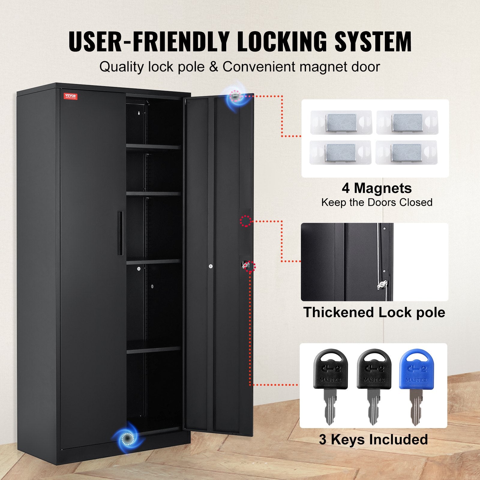 VEVOR Metal Storage Cabinet, Steel Locking Storage Cabinet with 2 Magnetic Doors and 4 Adjustable Shelves, 180.34 cm Metal Cabinet 90.7 kg Capacity per Shelf with 3 Keys, for Office, Home, Garage, Black