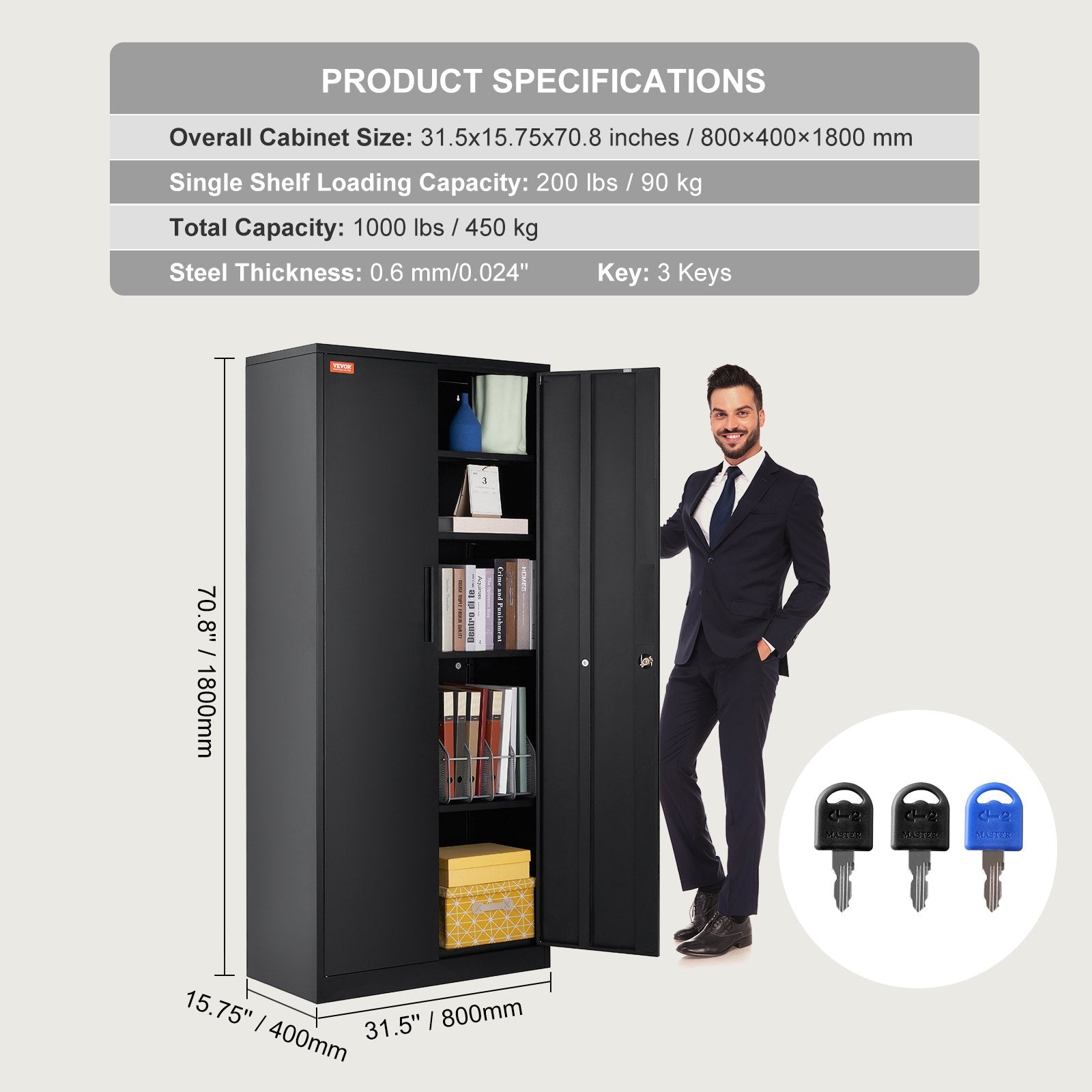 VEVOR Metal Storage Cabinet, Steel Locking Storage Cabinet with 2 Magnetic Doors and 4 Adjustable Shelves, 180.34 cm Metal Cabinet 90.7 kg Capacity per Shelf with 3 Keys, for Office, Home, Garage, Black