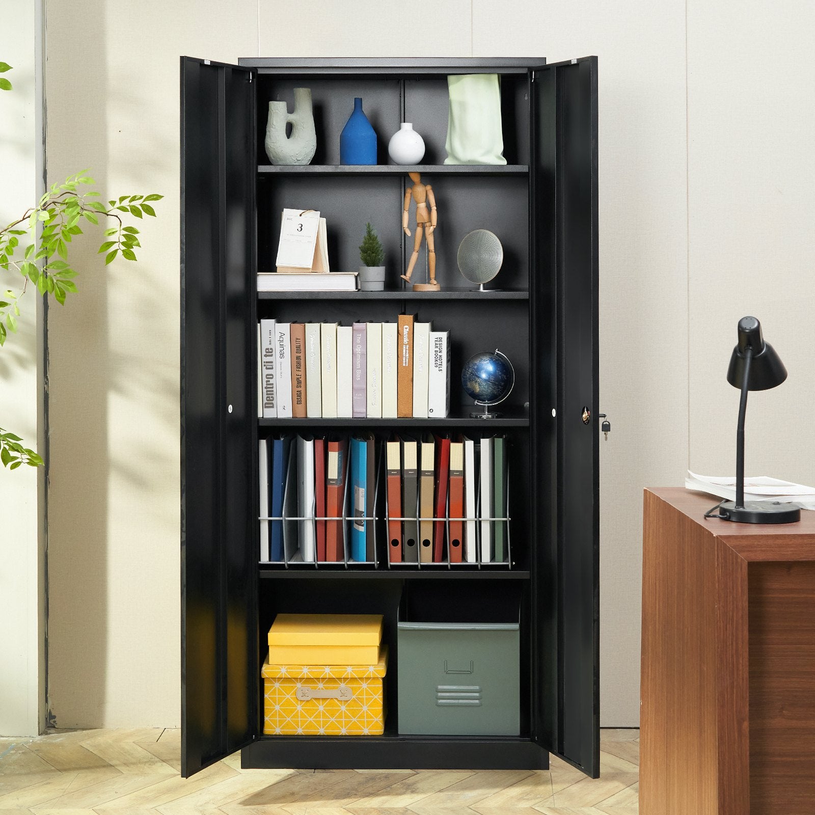 VEVOR Metal Storage Cabinet, Steel Locking Storage Cabinet with 2 Magnetic Doors and 4 Adjustable Shelves, 180.34 cm Metal Cabinet 90.7 kg Capacity per Shelf with 3 Keys, for Office, Home, Garage, Black