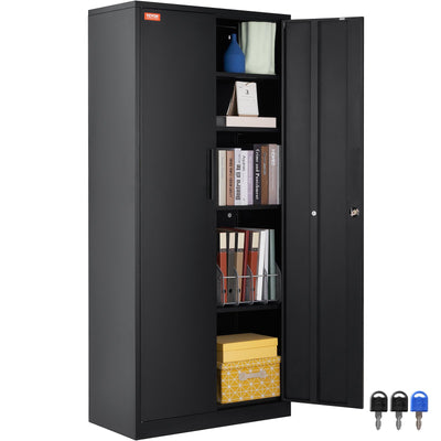 VEVOR Metal Storage Cabinet, Steel Locking Storage Cabinet with 2 Magnetic Doors and 4 Adjustable Shelves, 180.34 cm Metal Cabinet 90.7 kg Capacity per Shelf with 3 Keys, for Office, Home, Garage, Black