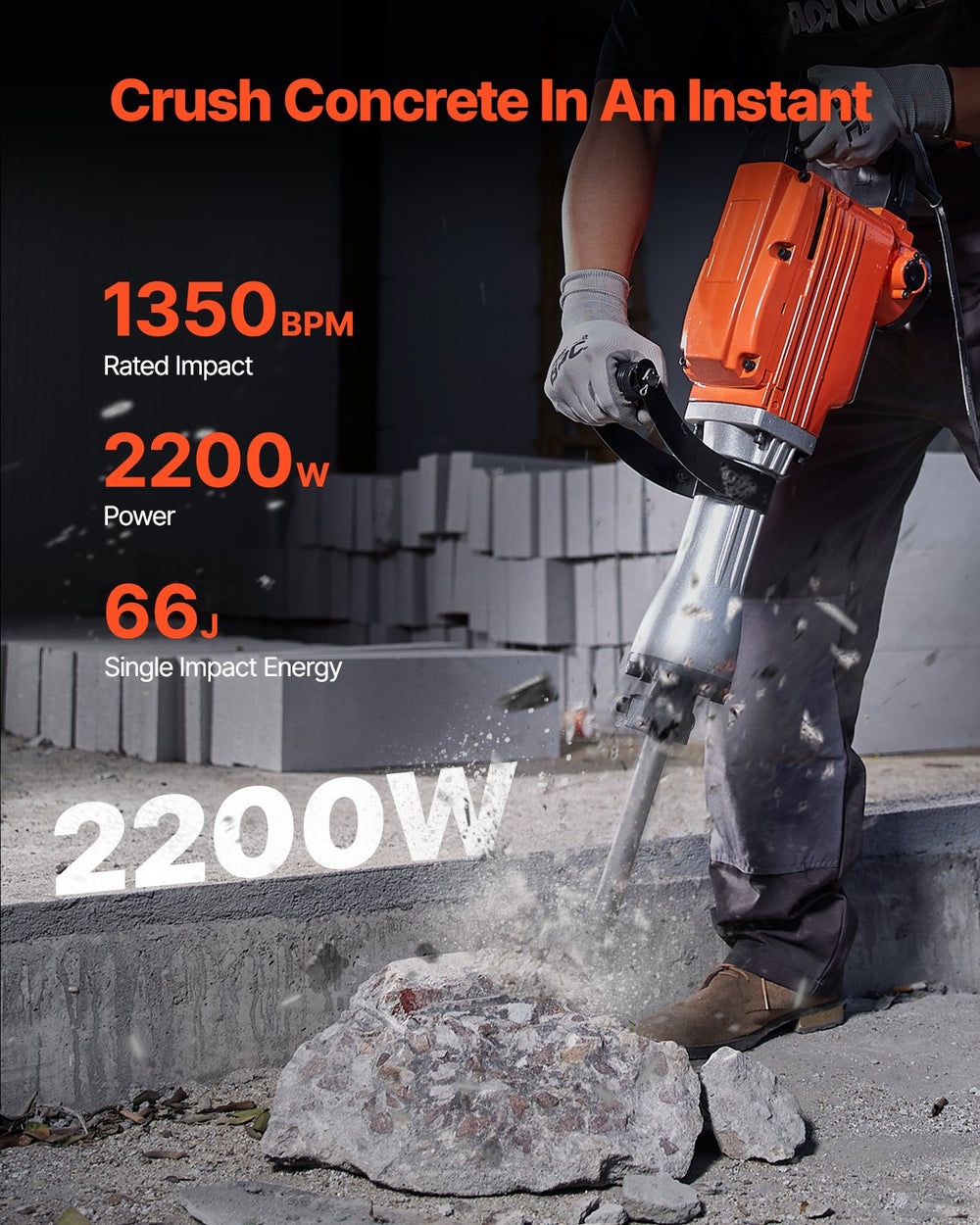 VEVOR Demolition Jack Hammer Concrete Breaker 2200W Electric Hammer 6 Chisel Bits