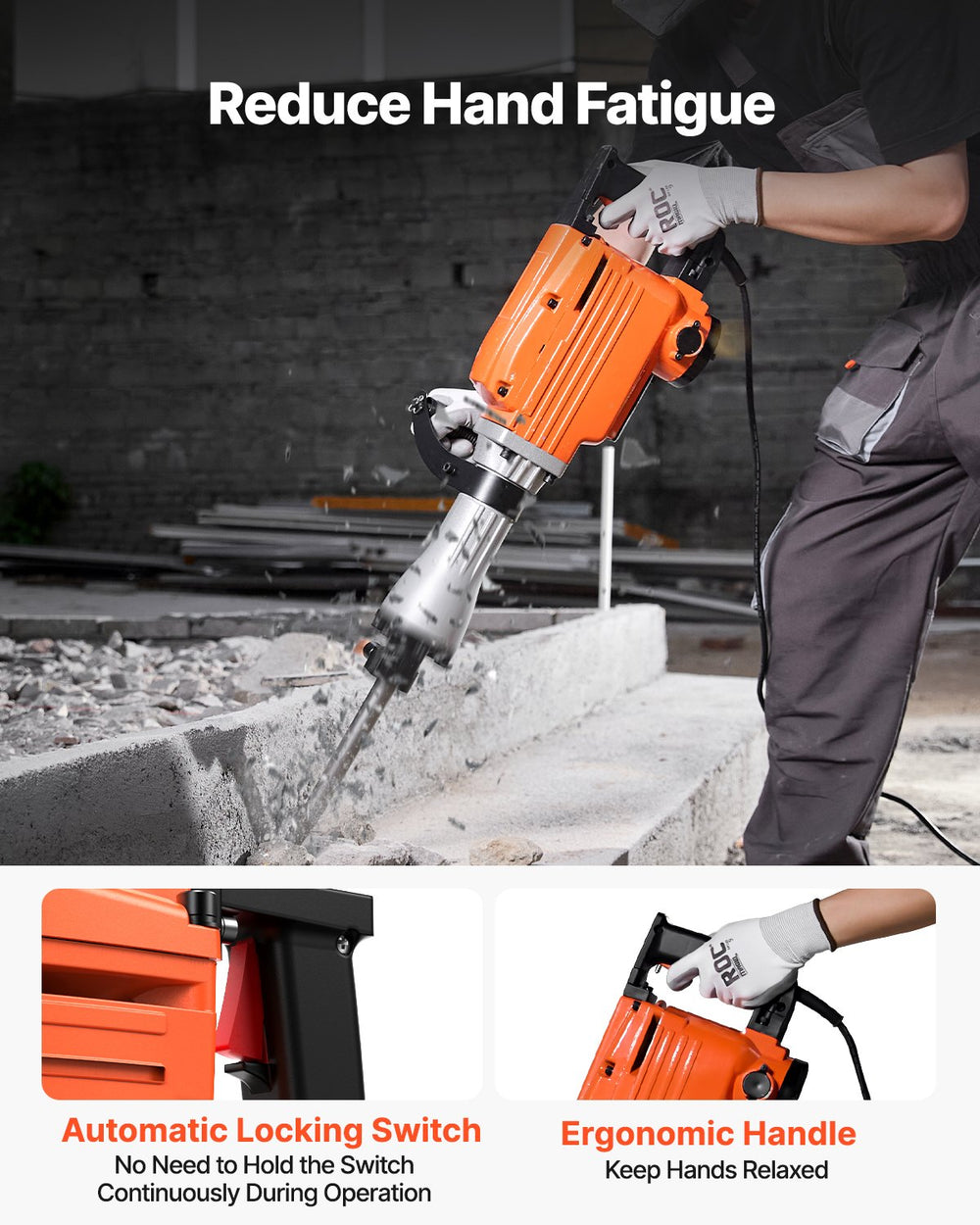 VEVOR Demolition Jack Hammer Concrete Breaker 2200W Electric Hammer 2 Chisel Bits