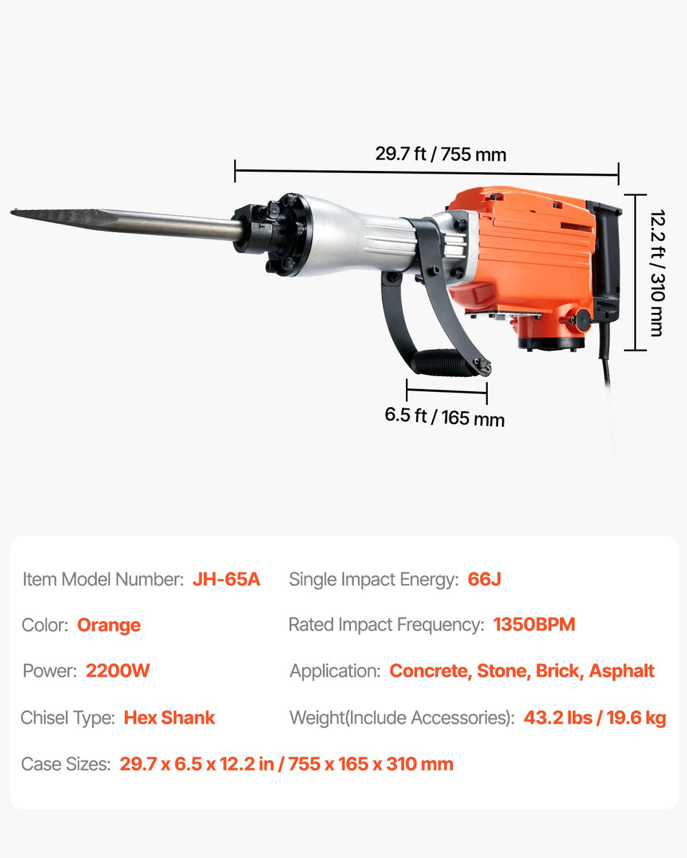 VEVOR Demolition Jack Hammer Concrete Breaker 2200W Electric Hammer 2 Chisel Bits
