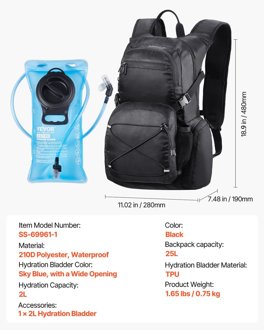 VEVOR Hydration Backpack, 25L Insulated Hydration Pack Backpack with 2L TPU Water Bladder, Hiking Water Backpack with Storage for Men Women, Hydro Water Daypack for Hiking Running Cycling Camping