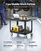 VEVOR Utility Cart, 550 lbs Load Capacity, 37 x 25.4-inch Service Cart, Two-Shelf Heavy Duty Plastic Utility Cart with 360° Swivel Wheels (2 with Brakes), Suitable for Warehouse, Garage, Cleaning