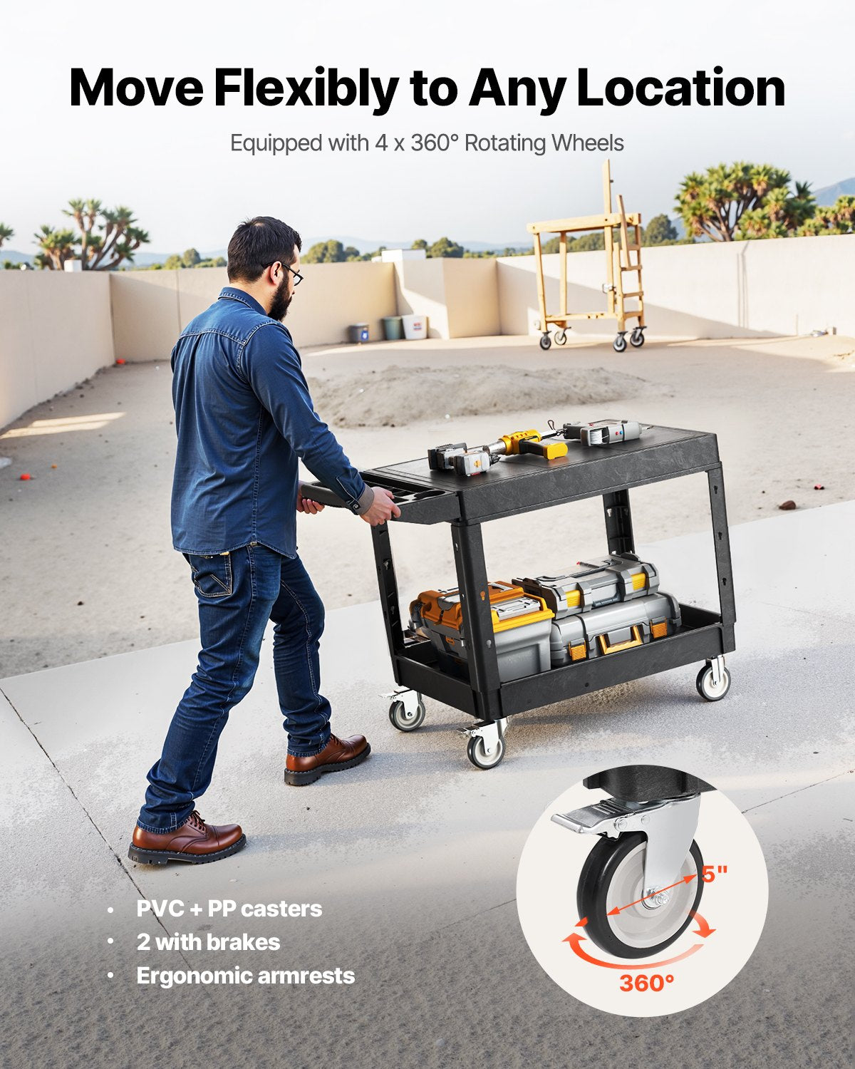 VEVOR Utility Cart, 550 lbs Load Capacity, 37 x 25.4-inch Service Cart, Two-Shelf Heavy Duty Plastic Utility Cart with 360° Swivel Wheels (2 with Brakes), Suitable for Warehouse, Garage, Cleaning