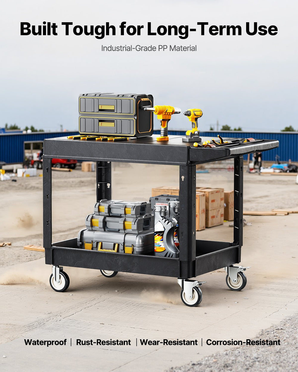 VEVOR Utility Cart, 550 lbs Load Capacity, 37 x 25.4-inch Service Cart, Two-Shelf Heavy Duty Plastic Utility Cart with 360° Swivel Wheels (2 with Brakes), Suitable for Warehouse, Garage, Cleaning