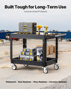 VEVOR Utility Cart, 550 lbs Load Capacity, 37 x 25.4-inch Service Cart, Two-Shelf Heavy Duty Plastic Utility Cart with 360° Swivel Wheels (2 with Brakes), Suitable for Warehouse, Garage, Cleaning