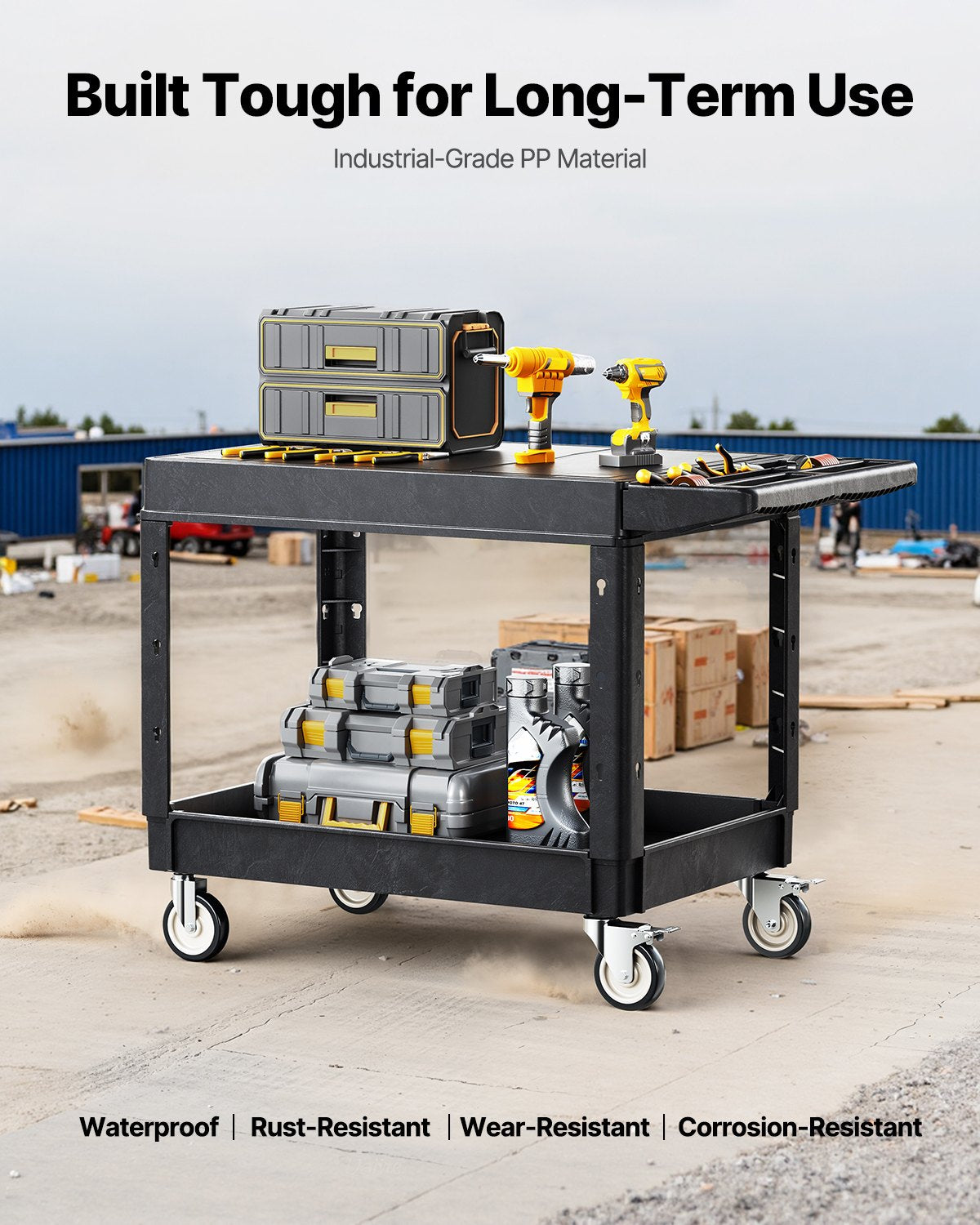 VEVOR Utility Cart, 550 lbs Load Capacity, 37 x 25.4-inch Service Cart, Two-Shelf Heavy Duty Plastic Utility Cart with 360° Swivel Wheels (2 with Brakes), Suitable for Warehouse, Garage, Cleaning