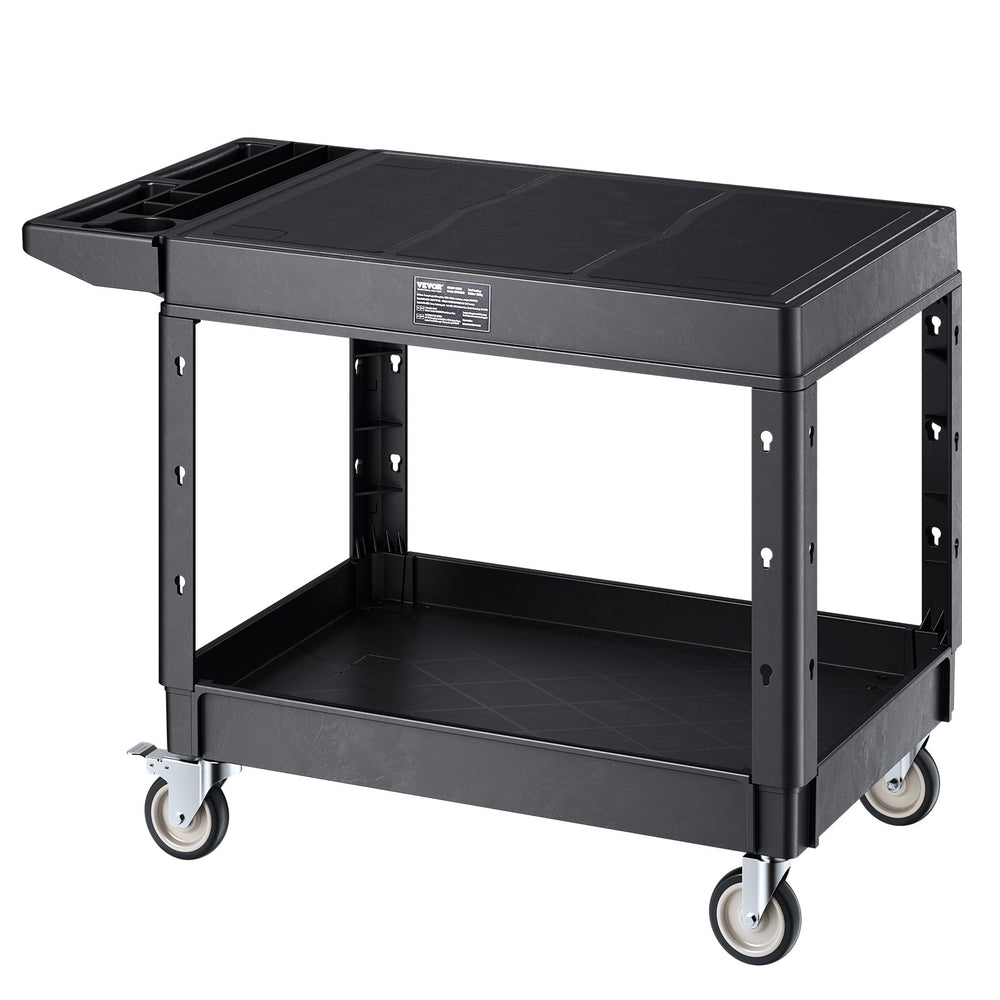 VEVOR Utility Cart, 550 lbs Load Capacity, 37 x 25.4-inch Service Cart, Two-Shelf Heavy Duty Plastic Utility Cart with 360° Swivel Wheels (2 with Brakes), Suitable for Warehouse, Garage, Cleaning