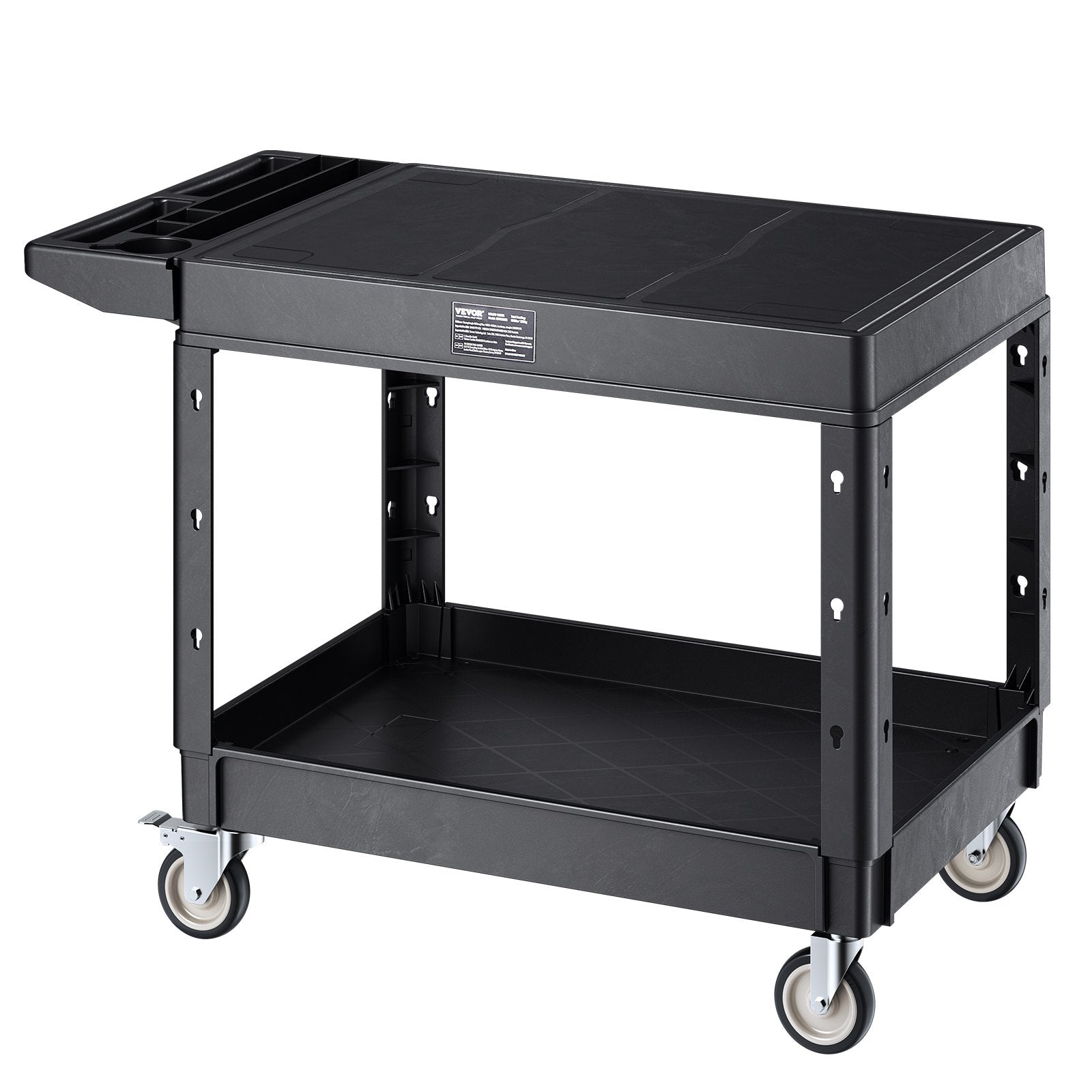 VEVOR Utility Cart, 550 lbs Load Capacity, 37 x 25.4-inch Service Cart, Two-Shelf Heavy Duty Plastic Utility Cart with 360° Swivel Wheels (2 with Brakes), Suitable for Warehouse, Garage, Cleaning