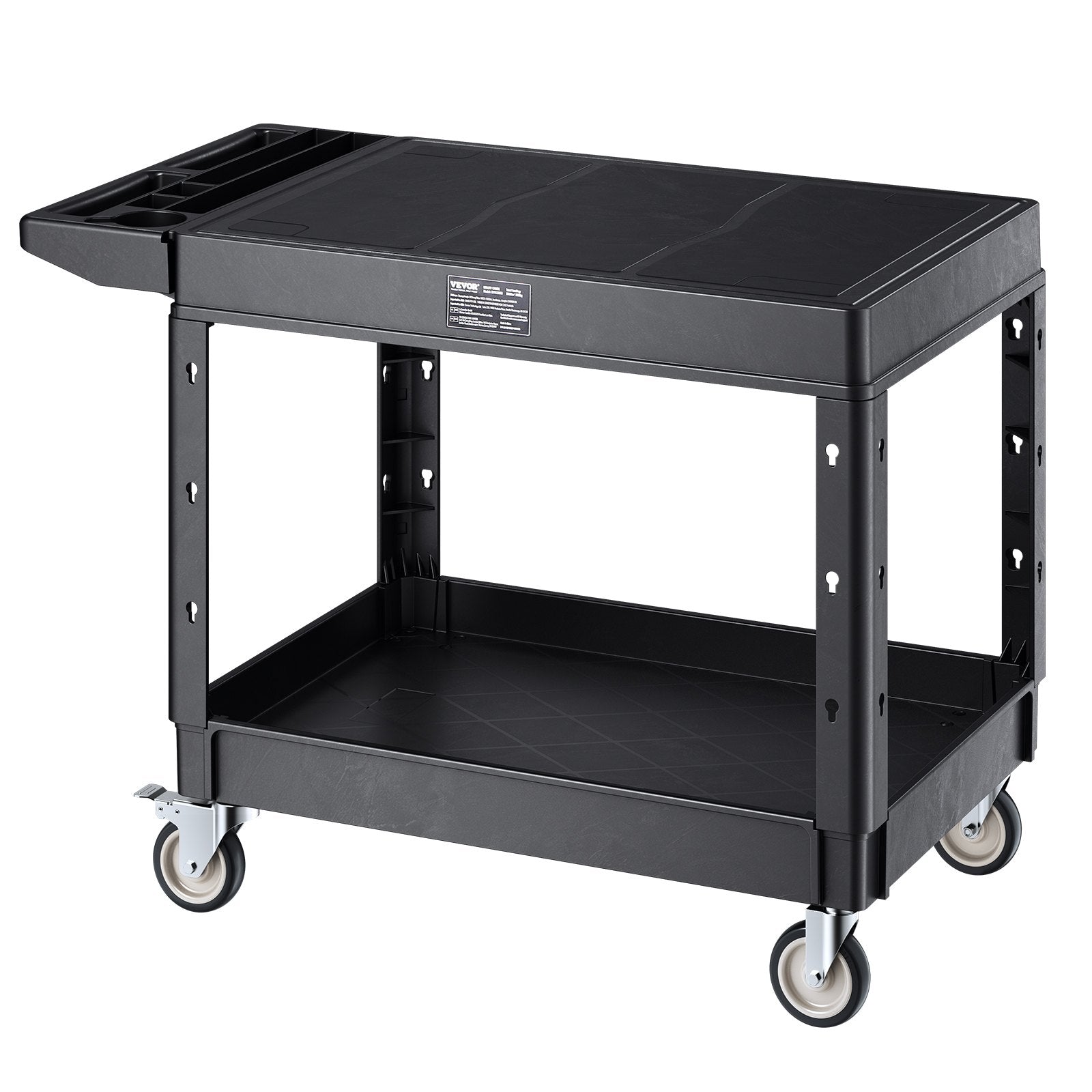 VEVOR Utility Cart, 550 lbs Load Capacity, 37 x 25.4-inch Service Cart, Two-Shelf Heavy Duty Plastic Utility Cart with 360° Swivel Wheels (2 with Brakes), Suitable for Warehouse, Garage, Cleaning