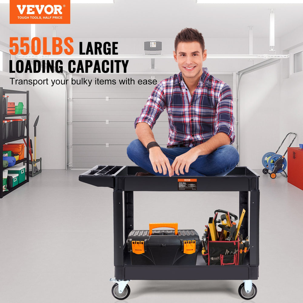 VEVOR Utility Service Cart, 2 Shelf 249.5 kg Heavy Duty Plastic Rolling Utility Cart with 360° Swivel Wheels (2 with Brakes), Large Lipped Shelf, Ergonomic Storage Handle for Warehouse/Garage/Cleaning