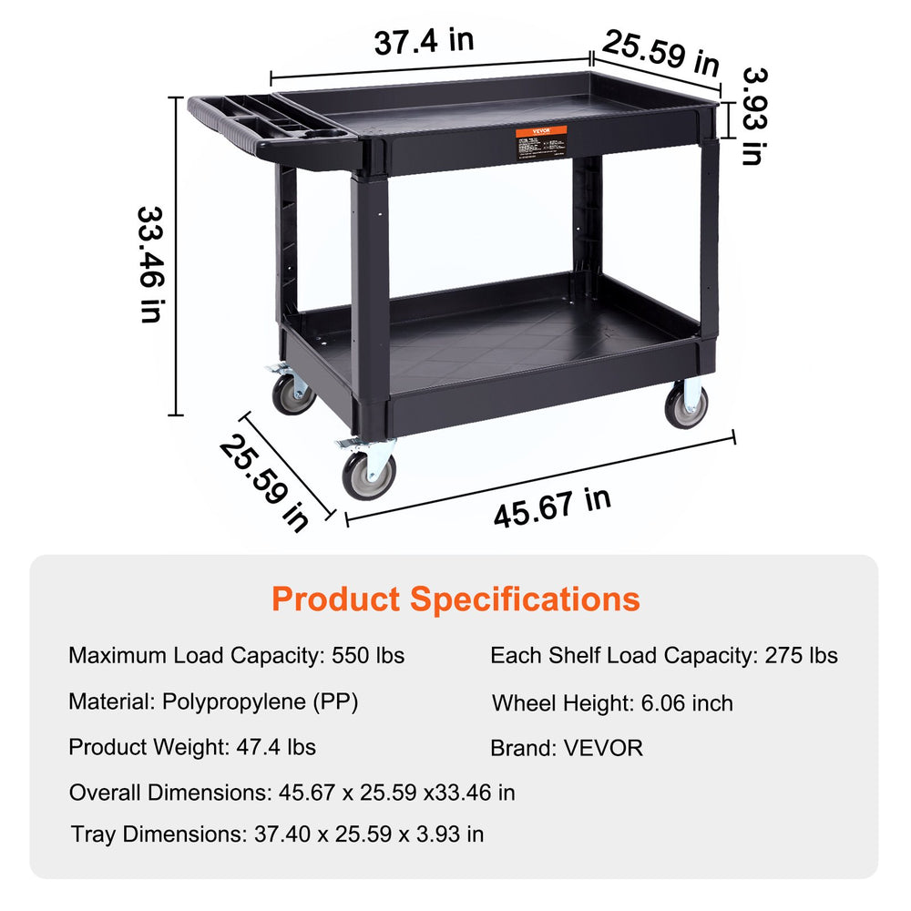 VEVOR Utility Service Cart, 2 Shelf 249.5 kg Heavy Duty Plastic Rolling Utility Cart with 360° Swivel Wheels (2 with Brakes), Large Lipped Shelf, Ergonomic Storage Handle for Warehouse/Garage/Cleaning