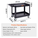VEVOR Utility Service Cart, 2 Shelf 249.5 kg Heavy Duty Plastic Rolling Utility Cart with 360° Swivel Wheels (2 with Brakes), Large Lipped Shelf, Ergonomic Storage Handle for Warehouse/Garage/Cleaning