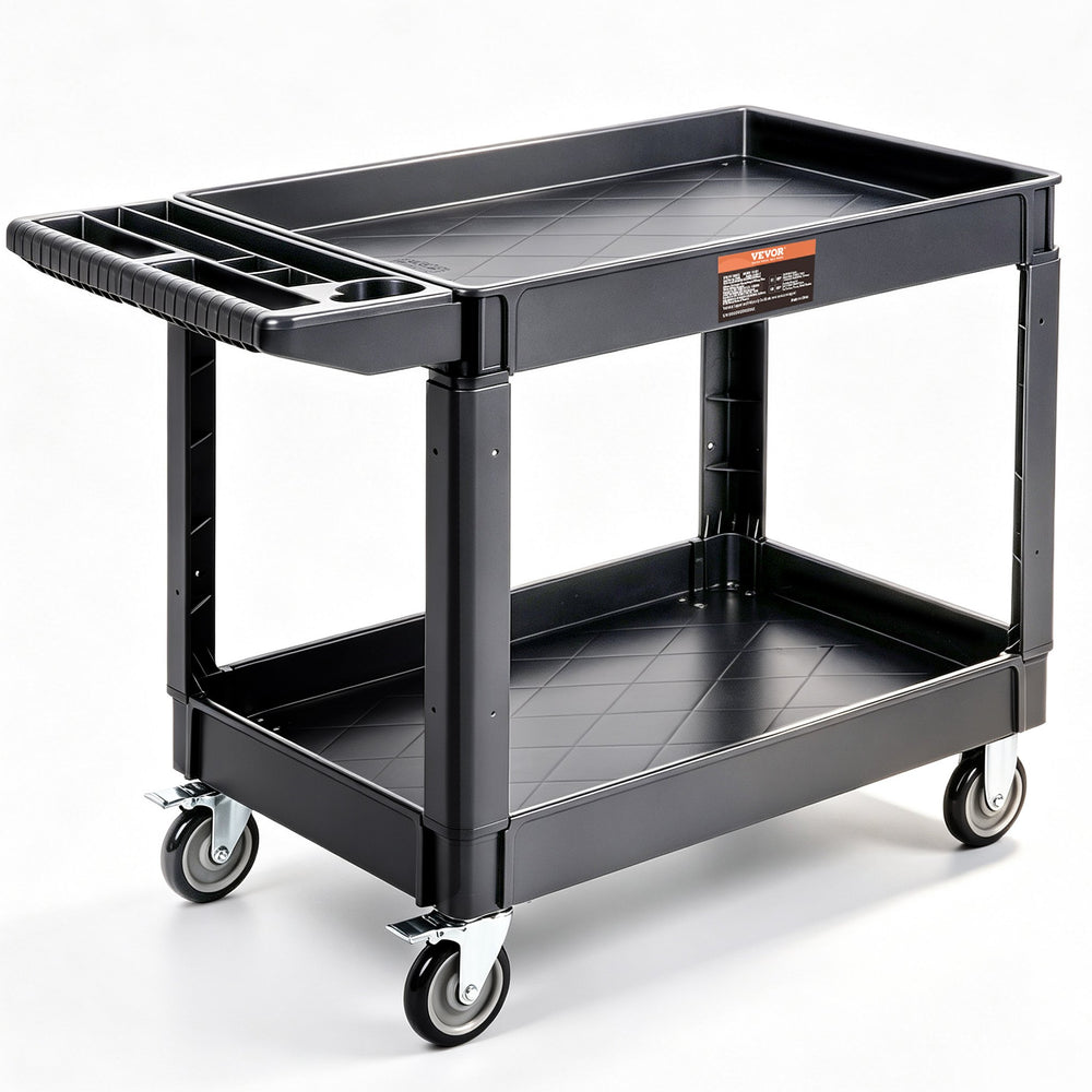 VEVOR Utility Service Cart, 2 Shelf 249.5 kg Heavy Duty Plastic Rolling Utility Cart with 360° Swivel Wheels (2 with Brakes), Large Lipped Shelf, Ergonomic Storage Handle for Warehouse/Garage/Cleaning