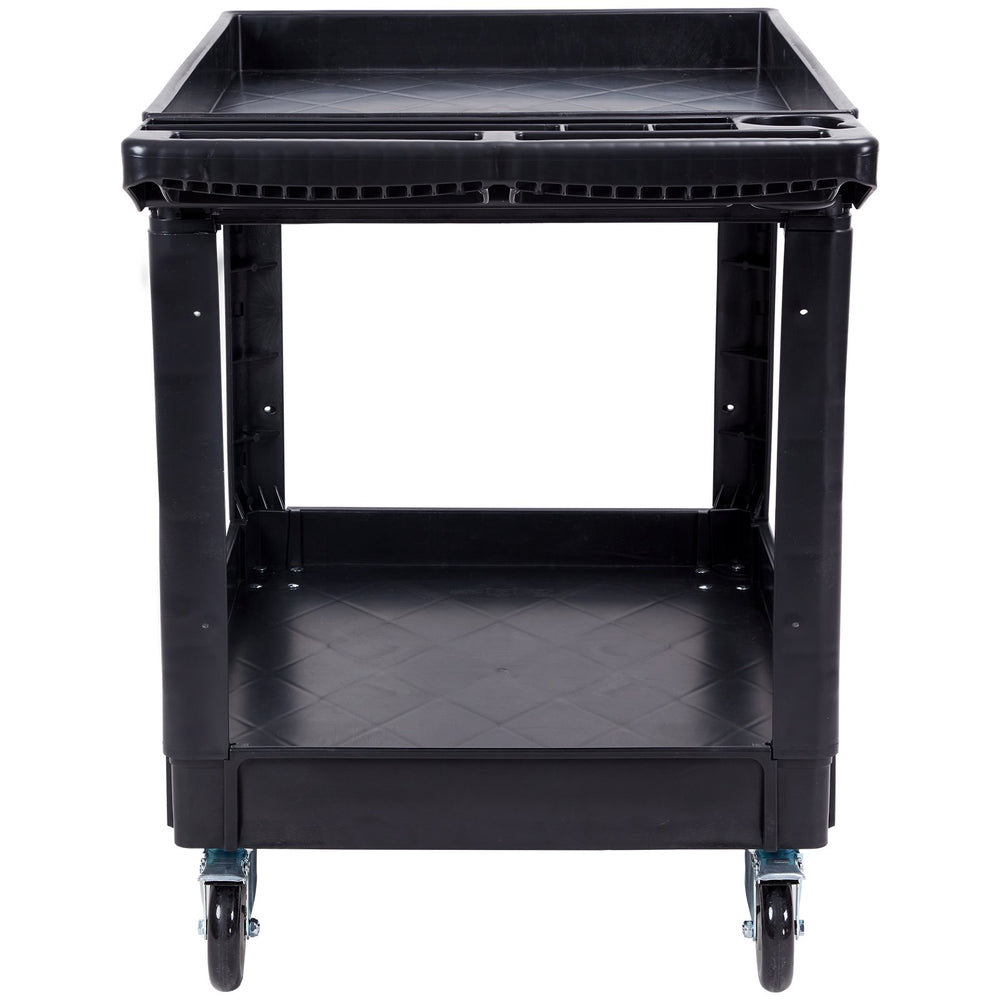 VEVOR Utility Service Cart, 2 Shelf 249.5 kg Heavy Duty Plastic Rolling Utility Cart with 360° Swivel Wheels (2 with Brakes), Large Lipped Shelf, Ergonomic Storage Handle for Warehouse/Garage/Cleaning