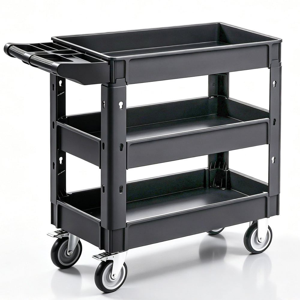 VEVOR Utility Service Cart, 550 LBS Laod Capacity, 3 Shelf Heavy Duty Plastic Rolling Utility Cart with 360° Swivel Wheels (2 with Brakes), Ergonomic Storage Handle for Warehouse/Garage/Cleaning