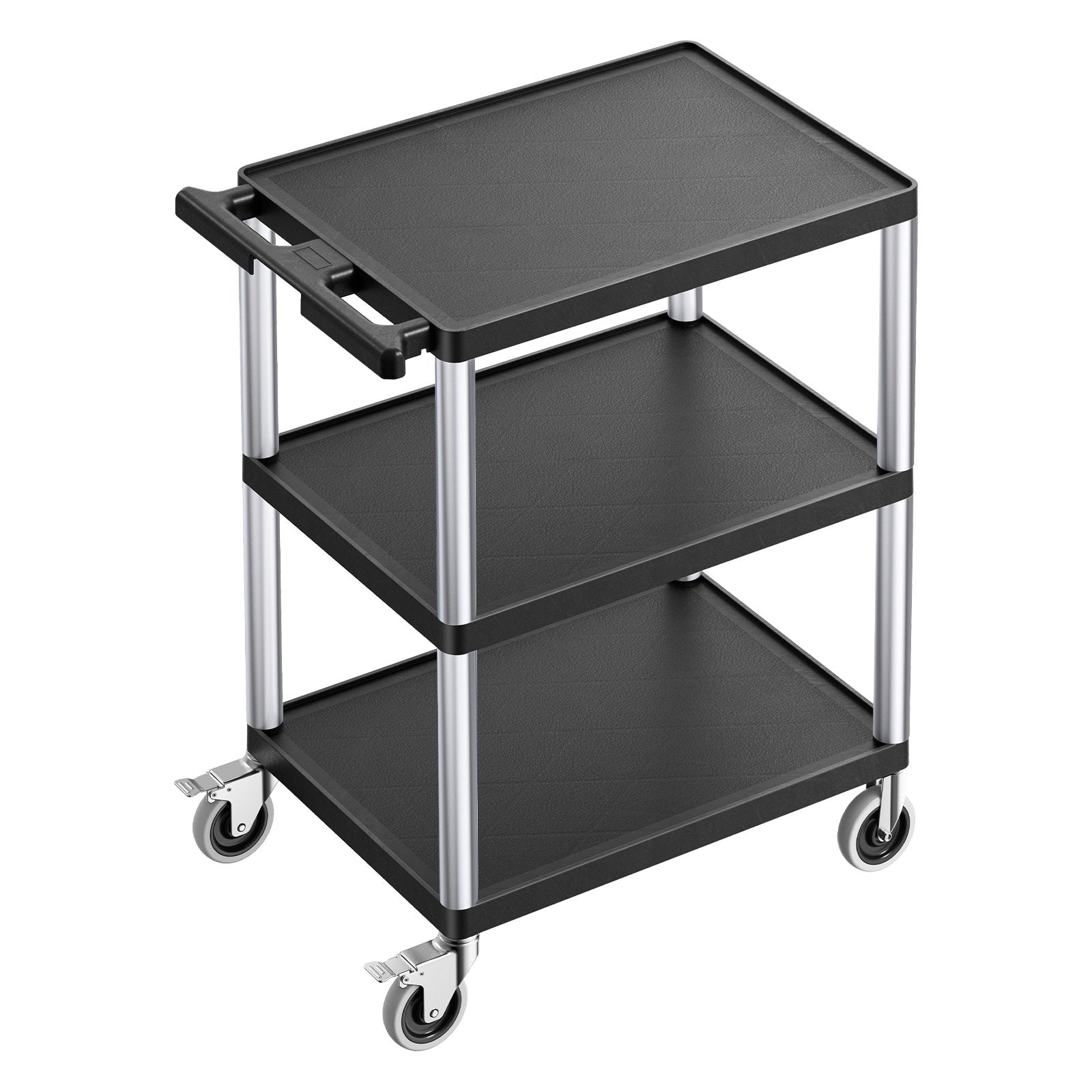 VEVOR Utility Cart, 300 lbs Load Capacity, 27.6 x 18.1-inch Service Cart, Three-Shelf Heavy Duty Plastic Utility Cart with 360° Swivel Wheels (2 with Brakes), Suitable for Warehouse, Garage, Cleaning