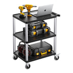 VEVOR Utility Cart, 300 lbs Load Capacity, 27.6 x 18.1-inch Service Cart, Three-Shelf Heavy Duty Plastic Utility Cart with 360° Swivel Wheels (2 with Brakes), Suitable for Warehouse, Garage, Cleaning