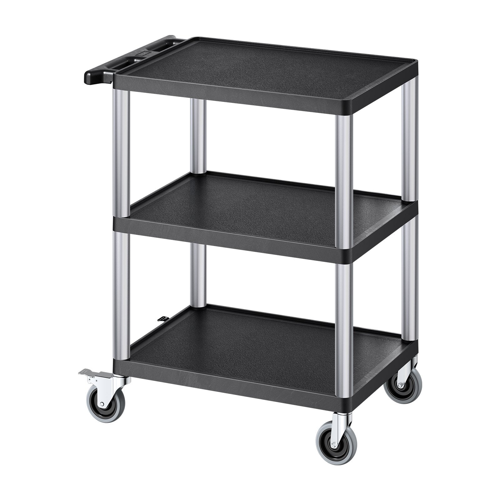 VEVOR Utility Cart, 300 lbs Load Capacity, 27.6 x 18.1-inch Service Cart, Three-Shelf Heavy Duty Plastic Utility Cart with 360° Swivel Wheels (2 with Brakes), Suitable for Warehouse, Garage, Cleaning